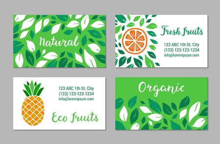Green visit cards with salad leaves pattern, orange and pineapple. Organic, Natural, Eco, Fresh fruits lettering text. Colorful template collection. Plant-based concept.のイラスト素材