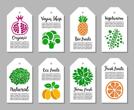 Fruit, vegetable tags with pomegranate, broccoli, pineapple, peas, cabbage, plum, leaves, orange. Organic, vegan shop, bio, vegetarian, natural, eco, farm fresh lettering inscription.のイラスト素材