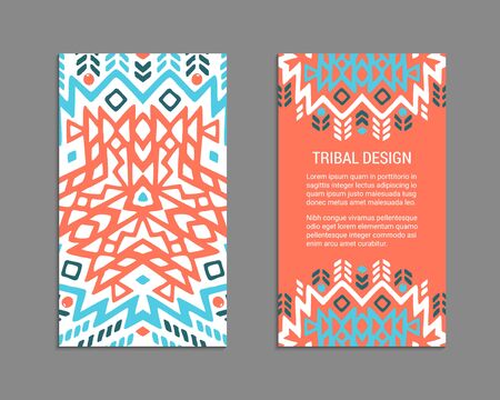 Aztec colorful hand-drawn ornamental card template. American indian leaflet design. Tribal decorative pattern. Ethnic ornate background. Vintage style flyer. EPS 10 vector brochure set. のイラスト素材