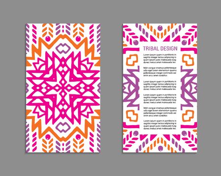 Aztec colorful hand-drawn ornamental card template. American indian leaflet design. Tribal decorative pattern. Ethnic ornate background. Vintage style flyer. EPS 10 vector brochure set. のイラスト素材