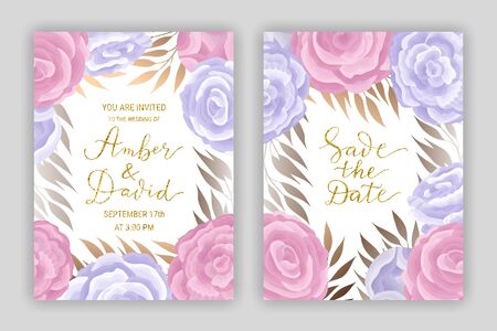 Pastel coloured vintage card template  vector set. Elegant branches, leaves, ranunculus flower background. Floral brochure design. Hand drawn gold glitter phrase lettering inscriptionのイラスト素材
