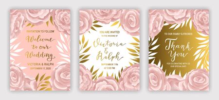 Pastel coloured vintage greeting card template  vector set. Elegant branches, leaves, ranunculus flower background. Floral brochure design. Hand drawn gold phrase lettering inscriptionのイラスト素材