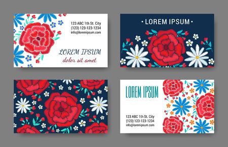 Embroidery style visiting card set with bright colorful flower and leaf pattern. Ethnic ornamental blanks. Rustic design template collection. EPS 10 vector. Clipping masksのイラスト素材