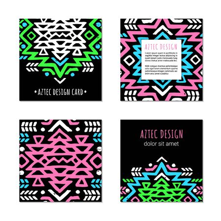 Aztec colorful hand-drawn square ornamental card template. American indian leaflet design. Tribal decorative pattern. Ethnic ornate background. Vintage style flyer. EPS 10 vector brochure set.のイラスト素材