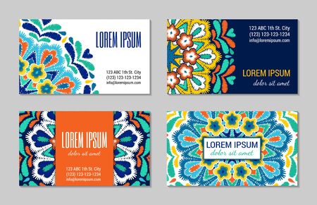 Embroidery style colorful mandala visiting card set. Bright floral ornamental blanks. EPS 10 vector concept illustration. Clipping masks.のイラスト素材