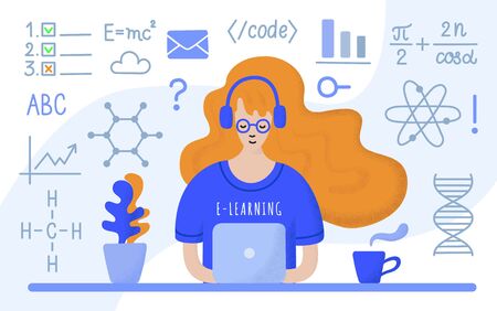 Young long red haired student girl in glasses, headphones and blue t-shirt sitting at the table with laptop, learning online. Hand-drawn flat EPS 10 vector illustration with dotted texture effect.のイラスト素材