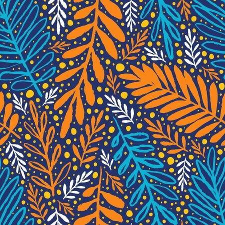 Hand drawn leaves with grungy texture. Floral seamless pattern of autumnal colors. Orange blue colorful background for textile prints, wallpapers, decorative wrapping paper. EPS 10 vector illustrationのイラスト素材