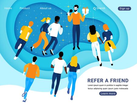 People holding hands, running together to a person speaking into a microphone. Referral program design concept. Modern hand drawn flat style illustration. Paper art background. Vector website templateのイラスト素材