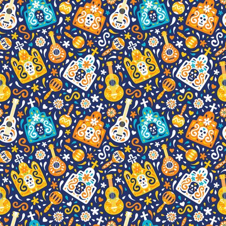 Latin american traditional Day of the Dead vector background of ethnic mariachi musical instruments, graves with skulls, crosses and flourish elements for fabric prints, wallpaper.   illustrationのイラスト素材
