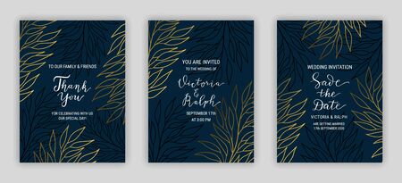 Dark wedding invitation card template EPS 10 vector set. Elegant golden eucalyptus branch decor. Thank you, Save the date hand drawn lettering phrase. Linear style gold leaves on black backgroundのイラスト素材