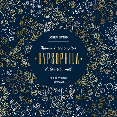 Invitation square card template. Elegant linear design twigs, gypsophila dried flowers. Chic dark textured autumnal rectangle background with white, gold, botanical decor. EPS 10 vector illustrationのイラスト素材