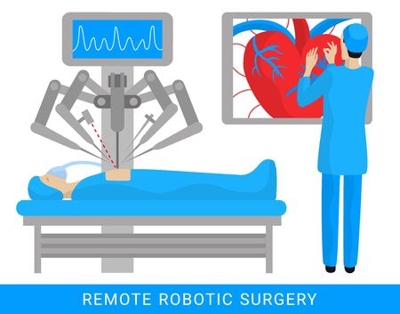 Remote control robotic cardiac surgery flat graphic design illustration. Operation on heart. Patient operated by a robot assistant apparatus. Virtual future medicine concept. EPS 10 vector backgroundのイラスト素材