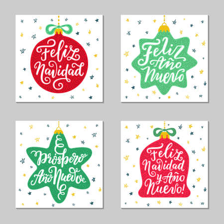 Christmas hand drawn phrases in Spanish language on the red and green toys.のイラスト素材
