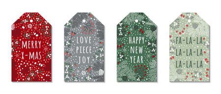 Merry X-mas, Happy New Year, fa la la phrases on the christmas colored ornate background with spruce twigs, snowflakes, white mistletoe and red rowan berries. EPS 10 vector tag design.のイラスト素材
