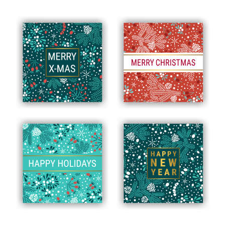 Happy holidays, Merry Christmas colorful ornate square greeting card template set. Elegant fir branches, cones, mistletoe leaves, red elderberry and rowan berry pattern. EPS 10 vector backgrounds.のイラスト素材