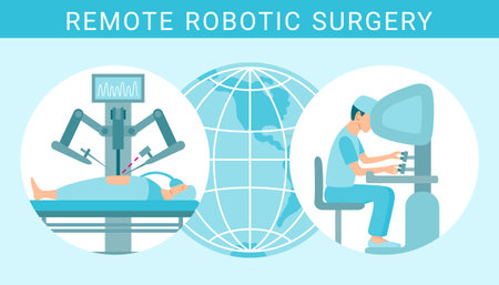 Remote control robotic surgery flat graphic design illustration. Patient operated by a robot assistant apparatus with display. Stomach operation virtual future medicine concept. EPS 10 vector banner.のイラスト素材