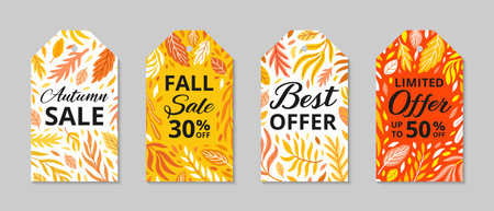 Sale offer colorful tag set. Floral ornamental blanks with leaves and branches pattern of autumnal colors. Brochure design shades of orange and yellow.のイラスト素材