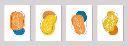 Autumnal minimalistic floral cards of hand drawn leaves and branches. Abstract art colorful trendy brochure template design. Modern graphic style autumn color flyer set. EPS 10 vector illustration.のイラスト素材