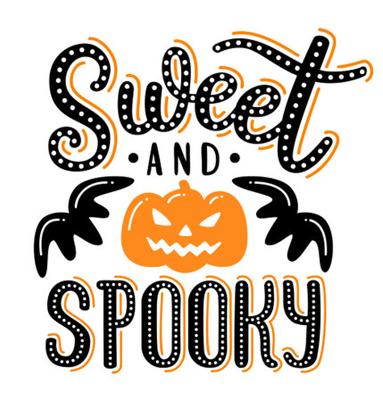 Halloween pumpkin with an evil smile and flying bats. Sweet and spooky hand drawn lettering phrase. EPS 10 vector illustration.のイラスト素材