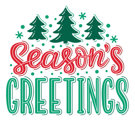 Season's greetings hand drawn lettering Christmas quote with spruce tree and snowflakes decorations. EPS 10 vector illustration.のイラスト素材