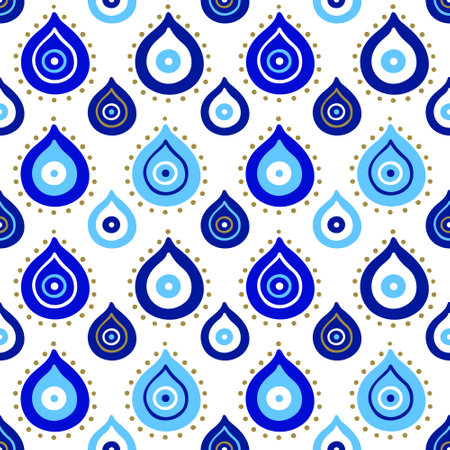 Background of Turkish evil eye symbols. Ethnic style blue greek protection from the spoilage signs with golden details. EPS 10 vector seamless pattern for wrapping paper, textile, package printのイラスト素材