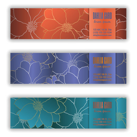 Colorful floral template set with elegant linear design dahlia flowers. Silky glowing EPS 10 vector backgrounds for banners with botanical decor. clipping masks.のイラスト素材