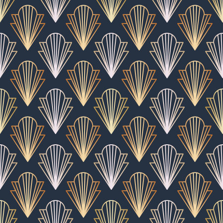 Art Deco style symbol seamless pattern. Geometric outline signs on the dark background. Linear gold, copper colored elements. EPS 10 linear design vector illustration.のイラスト素材