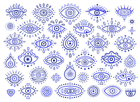 Doodle style Turkish evil eye symbols. Ethnic style blue greek protection from the spoilage signs. EPS 10 vector illustration set, use for stickers, decals. isolated on the white background.のイラスト素材