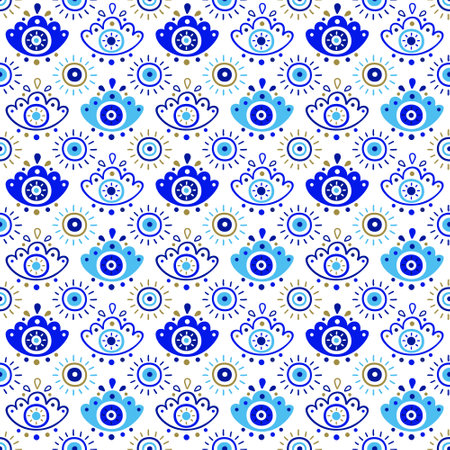 Background of Turkish evil eye symbols. Ethnic style blue greek protection from the spoilage signs with golden details. EPS 10 vector seamless pattern for wrapping paper, textile, package printのイラスト素材