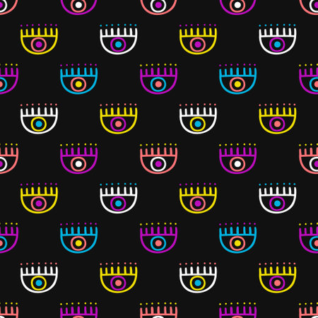 Background of bright colorful eyes. Doodle pop art style illustration. EPS 10 vector seamless pattern for wrapping paper, textile, package print.のイラスト素材