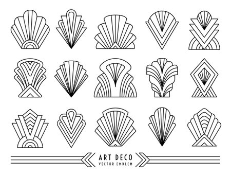Art Deco style symbol set. Geometric outline linear design elements. EPS 10 vector illustration isolated on the white background. Editable stroke. Paths are not expanded.のイラスト素材