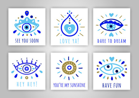 Turkish evil eye symbol cards. Ethnic blue greek protection from the spoilage signs. See you soon, Love ya, Dare to dream, Hey, You're my sunshine, Have fun quotes. EPS 10 vector illustrationのイラスト素材