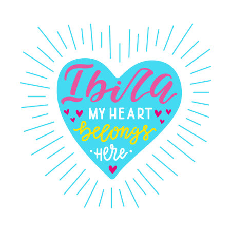 Heart shape with rays and lettering phrase inscription about Ibiza. Colorful pattern for t-shirt print, textile, clothes design. EPS 10 vector illustration isolated on the white background.のイラスト素材