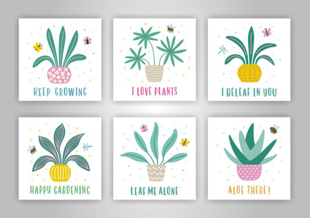 Set of cards with colorful plants in the pots. home flower collection. Happy gardening, Keep growing, Aloe there, Leaf me alone lettering quotes. EPS 10 vector houseplant hand drawn flat illustration.のイラスト素材