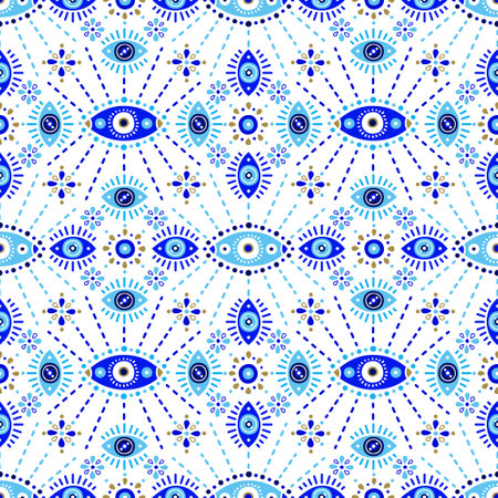 Background of Turkish evil eye symbols. Ethnic style blue greek protection from the spoilage signs with golden details. EPS 10 vector seamless pattern for wrapping paper, textile, package print.のイラスト素材