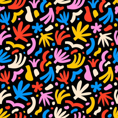 Abstract hand drawn backgrounds with floral shapes. Colorful bright freehand seamless pattern. Backdrop for textile prints, wallpapers, decorative wrapping paper, package. EPS 10 vector illustrationのイラスト素材