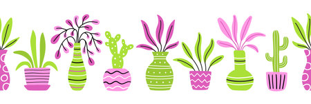 Seamless border of bright colorful potted plants. Home flower growing collection. Green and pink trendy background. EPS 10 vector houseplant hand drawn design flat style illustration.のイラスト素材