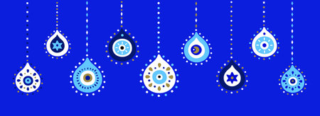 Ethnic style blue Greek protection from the spoilage signs with golden details. Horizontal banner of hanging Turkish evil eye pendants. EPS 10 vector boho background.のイラスト素材