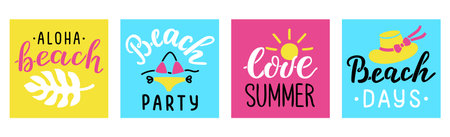 Love summer, Aloha beach party, days hand drawn lettering quote cards. Monstera leaf, bikini, sun, straw hat with a bow flat illustrations. Funny handwritten phrases. EPS 10 vector postcard designs.のイラスト素材