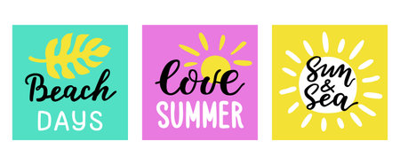 Beach days, Love summer, Sun and sea hand drawn lettering quote square cards. Monstera leaf flat style illustration. Funny handwritten phrases. EPS 10 vector postcard designs.のイラスト素材
