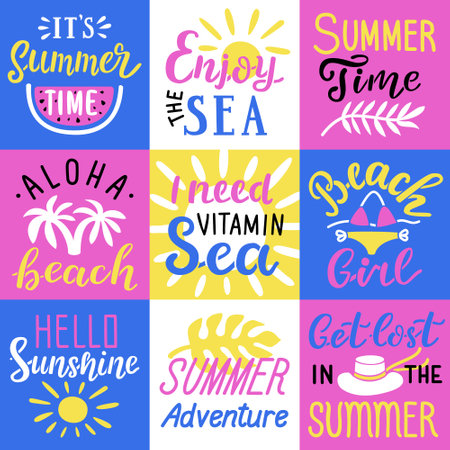 It's summertime, Aloha, Beach girl, Hello sunshine, Summer adventure, I need vitamin sea hand drawn lettering quote card set. Watermelon, leaves, bikini, sun, straw hat, palms flat vector illustrationのイラスト素材