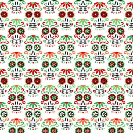 Green and red colored latin american traditional Day of the Dead background. Ethnic ornate sugar skulls with flowers for fabric prints, wallpaper, wrapping paper. EPS 10 vector seamless pattern.のイラスト素材