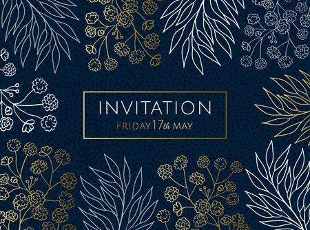 Invitation card template. Elegant linear design of eucalyptus branches, leaves, gypsophila flowers. Dark blue dotted texture background with white, gold, gray botanical decor. EPS 10 vector illustration.のイラスト素材
