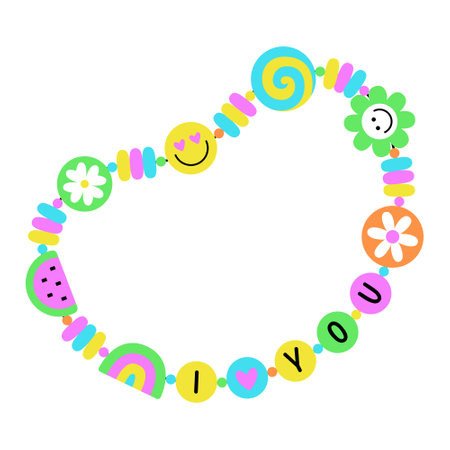 BFF colorful 90s pop art style vintage bracelet. Best friends forever beaded accessory design with I love you quote. EPS 10 vector Y2K retro illustration.のイラスト素材