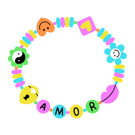 BFF colorful 90s pop art style vintage bracelet. Best friends forever beaded accessory design with Love word in Spanish. EPS 10 vector retro illustration.のイラスト素材