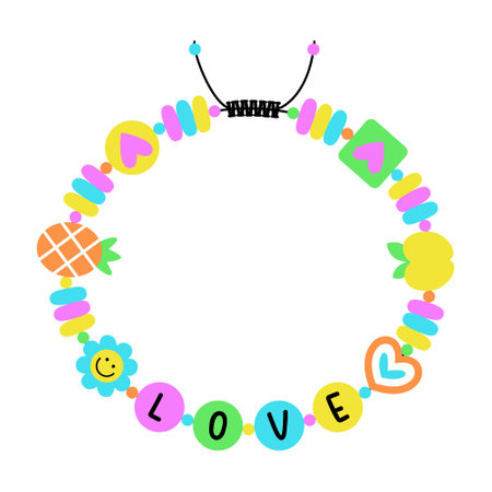 BFF colorful 90s pop art style vintage bracelet. Best friends forever beaded Y2K accessory design with Love word. EPS 10 vector retro illustration.のイラスト素材