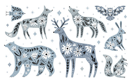 Forest animals and birds with floral patterns design set. Winter ornate bear, wolf, squirrel, deer, fox, hare and owl vector EPS 10 scandi style illustrations on the winter snowflake.のイラスト素材