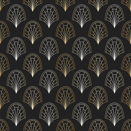 Geometry artdeco style symbol seamless pattern. Outline symbols on the dark background. Linear gold colored elements. EPS 10 line are design vector wallpaper.のイラスト素材