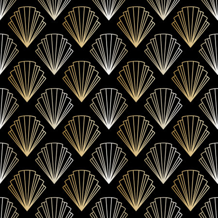Geometry artdeco style symbol seamless pattern. Outline symbols on the dark background. Linear gold colored elements. EPS 10 line are design vector wallpaper.のイラスト素材