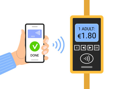 A hand holding a smartphone, buying a ticket through the terminal with NFC technology. Contactless mobile payment in public transport. Vector illustration in flat styleのイラスト素材